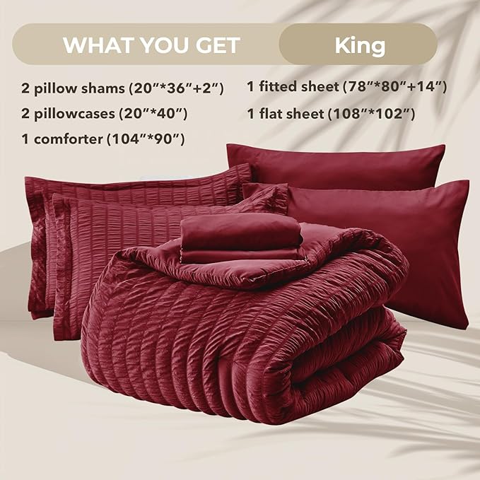 HYMOKEGE Burgundy King Size Comforter Set Seersucker 7 Pieces, All Season - Image 5