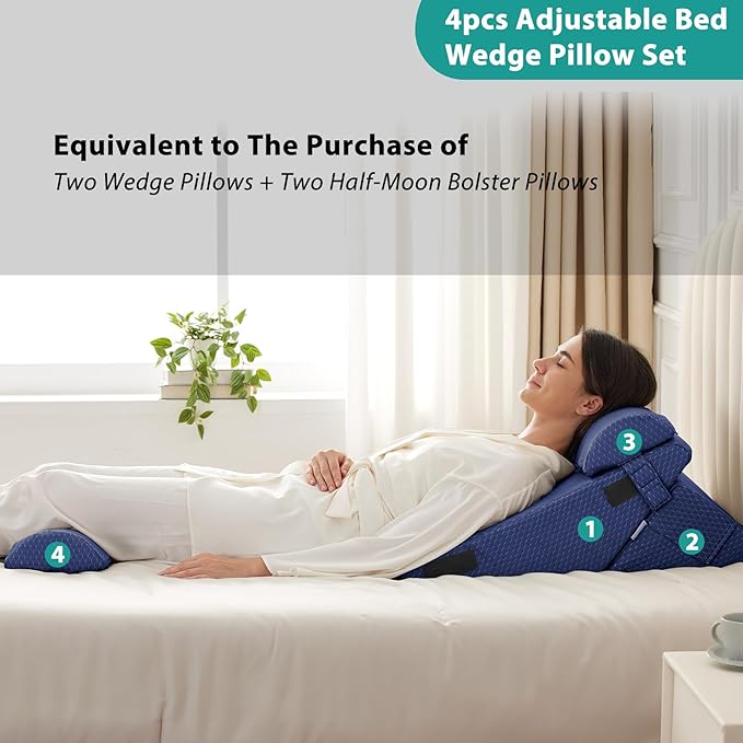 Bedluxe Adjustable 4pcs Bed Wedge Pillow Set, Memory Foam Wedges Pillow Post - Image 6