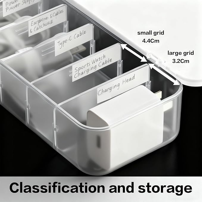 Cord Organizer Box with Lid, 7 Compartment Cable Management with 7 Wire Ties, Dustproof Cable Storage Box for Office & Home, Wire Hider for Computer Desk, Charger Cables, Power Cords (1pack)