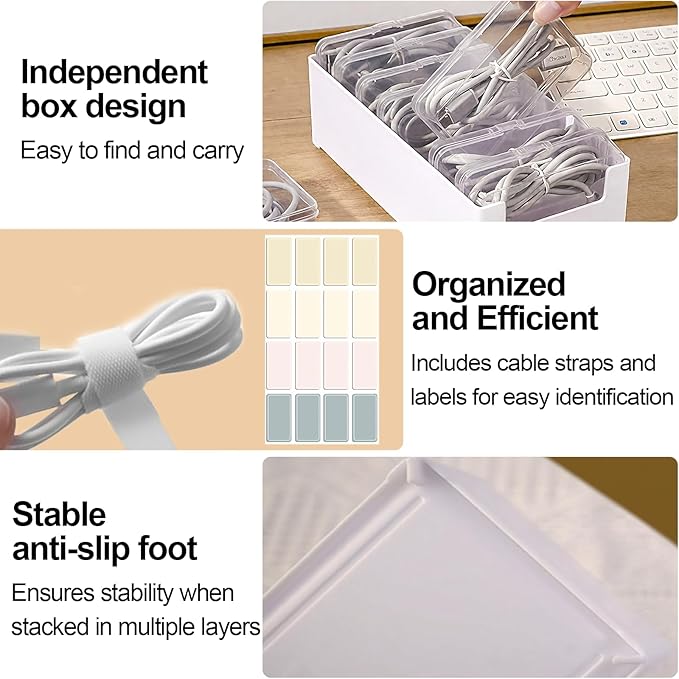 11 Cable Organizer Box with Labels, Cord Storage Organizer for Desk Drawer，Includes 20 Ties & 32 Labels, Office Home Multi-Purpose Organizer