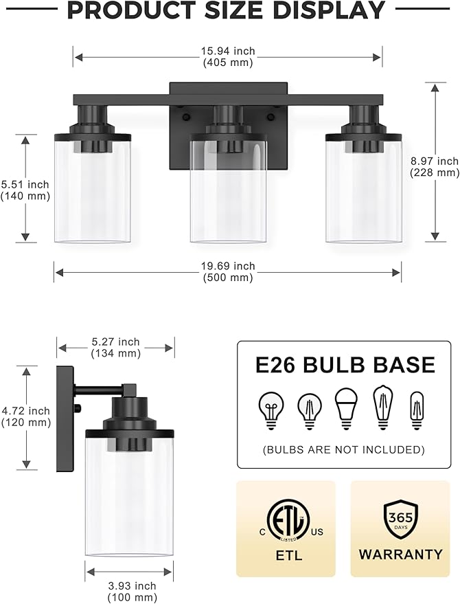 L LOHAS LED 3-Light Black Bathroom Light Fixtures, Modern Bathroom Lighting - Image 3