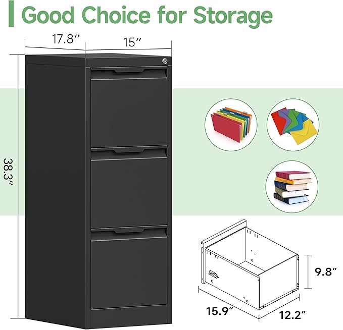 3-Drawer File Cabinet with Lock,Metal Vertical Filing Cabinets for Home Office,Under Desk File Cabinets for Letter/Legal/A4 Size Files,Easy Assemble,Black