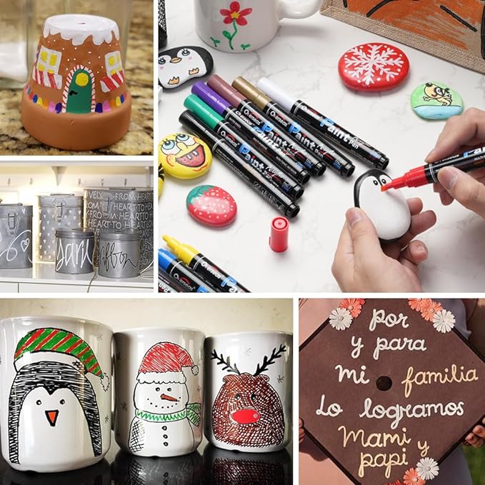 Overseas White Paint Pens - Permanent Acrylic Paint Markers 12 Pack, Water-Based, Quick Dry, Waterproof Marker Pen for Rock, Wood, Plastic, Metal, Canvas, Glass, Fabric, Tire, Mugs. Medium Tip