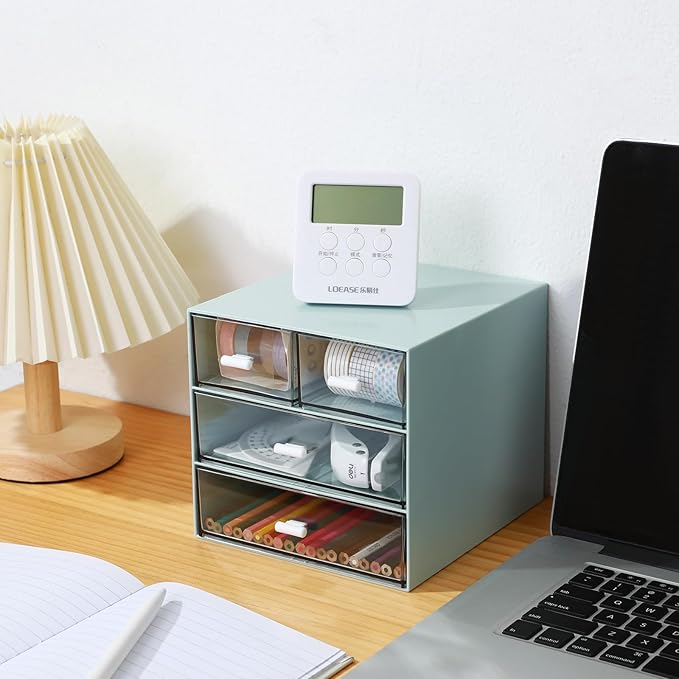 MILULUGO Makeup Organizer with 4 Drawers, Desk Organizer, Cosmetics Storage Box for nail polish, Lipstick, Brushes, Jewelry, Skincare, Bathroom Organization Boxes - Blue