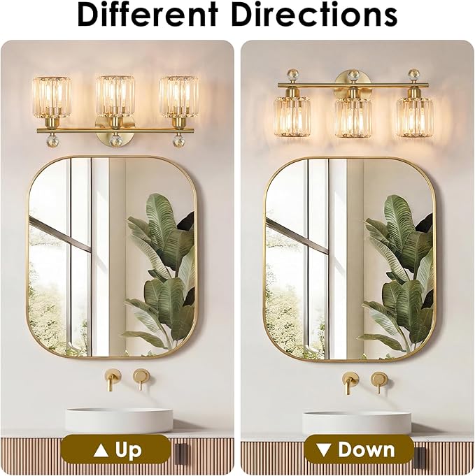 3-Light Gold Bathroom Light Fixtures Modern K9 Crystal Vanity Lights Wall Sconce - Image 7