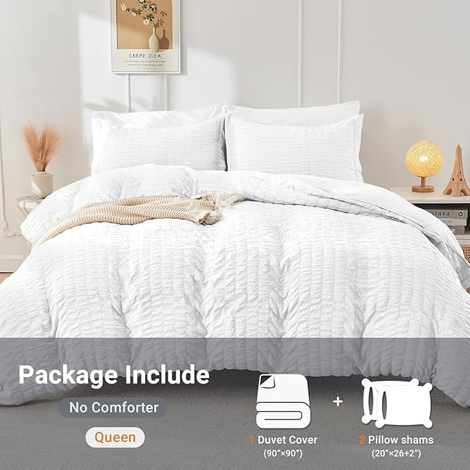 HYMOKEGE White Duvet Cover Queen Size, Ultra Soft 3-Piece Seersucker Duvet - Image 5