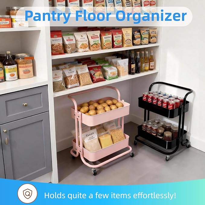 Ufriandz 2 Tier Short Rolling Cart with Wheels All-Metal Pink Pantry Storage for Kitchen,Under Desk Trolley with Handle Small Wheeled Storage Cart for Laundry Room Bathroom, Under Table Small Space