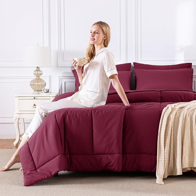 CozyLux King Size Comforter Set Burgundy, 7 Pieces Bed in a Bag, All Season - Image 7