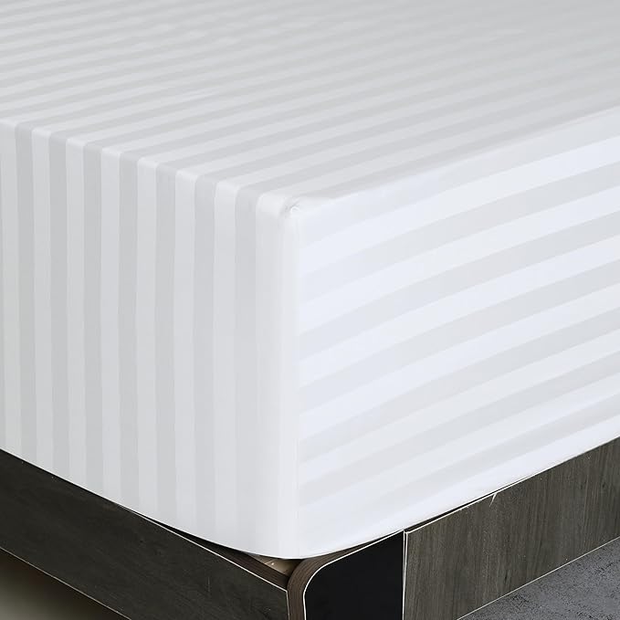 California King Size Striped Fitted Sheet Only White Color, 100% Egyptian - Image 6