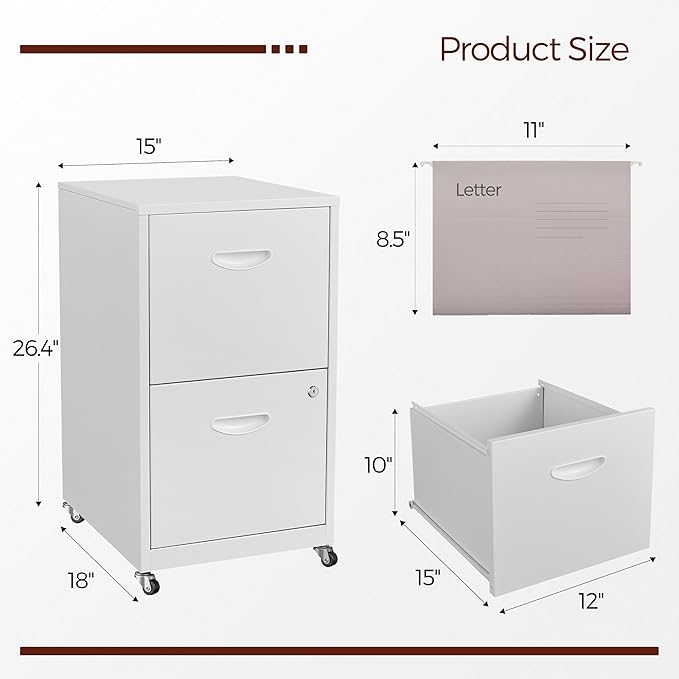 Kubohogar 2 Drawer Mobile File Cabinet with Lock, White Metal Filing Cabinets with Wheels, Vertical Rolling File Cabinet Fit Hanging Files, Letter and A4 Documents