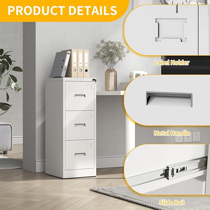 Reegangfa 3-Drawer File Cabinet with Lock, Metal Vertical Filing Cabinets for Home Office, Lockable Narrow Heavy-duty Steel Storage Cabinet with Tag,Hanging Letter/Legal/A4Size,Assemble Required,White