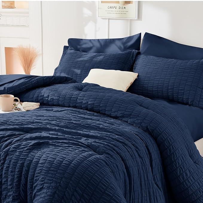 HYMOKEGE Navy Blue Duvet Cover Queen Size, Ultra Soft 3-Piece Seersucker Duvet - Image 6