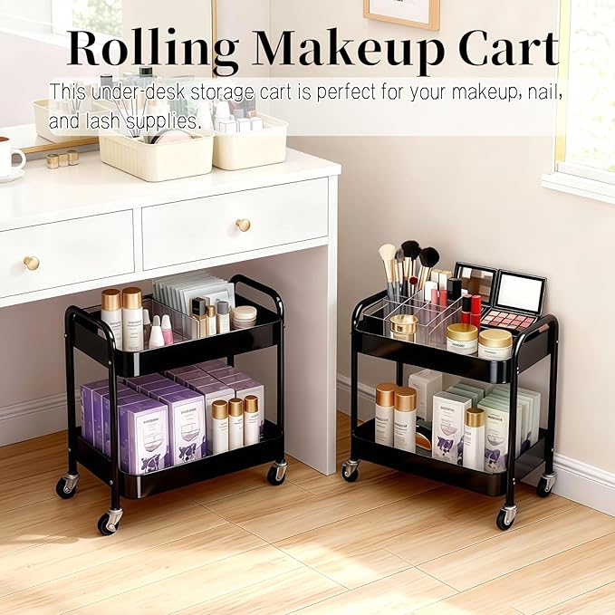 LIWNYRK 2 Tier Rolling Cart with Wheels for Under Desk Storage & Pantry Room, Large Capacity Laundry Room & Makeup Organizer, Sturdy Kitchen Utility Cart for Small Space with 4 Hooks, Black