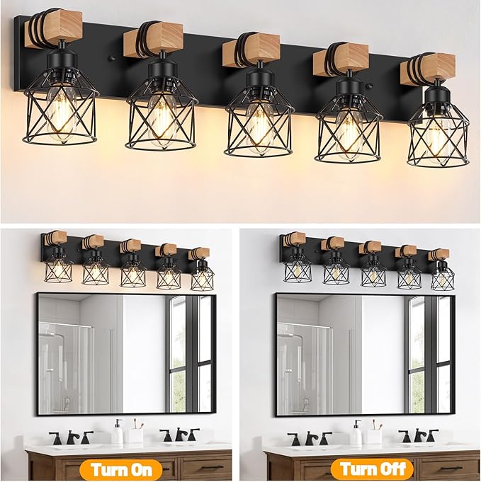 FadimiKoo 5-Light Wooden Black Bathroom Light Fixtures, Rustic Style Vanity - Image 4