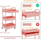 Calmootey 3-Tier Rolling Utility Cart with Drawer,Multifunctional Storage Organizer with Plastic Shelf & Metal Wheel,Storage Cart for Kitchen,Bathroom,Living Room,Office,Pink
