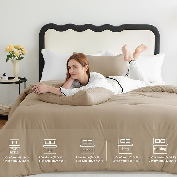 CozyLux Full Size Comforter Set Taupe, 3 Pieces Solid Breathable Quilted - Image 7