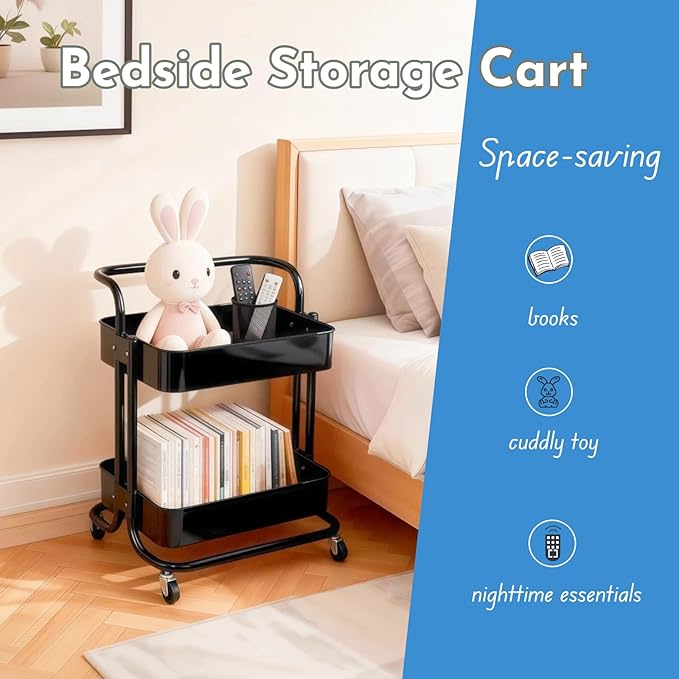 Ufriandz 2 Tier Rolling Utility Cart with Wheels All-Metal Short Pantry Cart Under Desk Storage Trolley with Handle, Small Rolling Storage Shelf for Small Space Kitchen Laundry Room Bathroom, Black