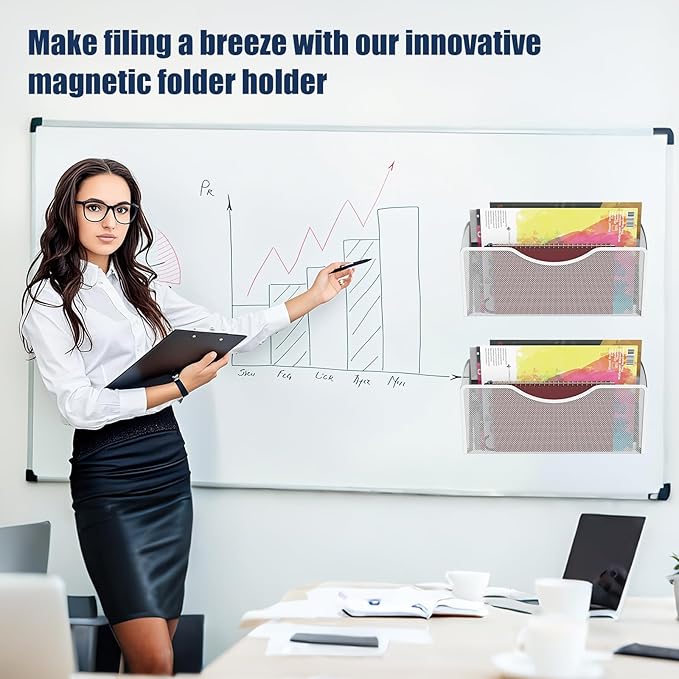 3 Pcs Magnetic File Holder for File Cabinets, Folder Holder Organizer- No Drilling Paper Document Holder, Large Capacity Office Hanging Magazine Rack for Refrigerator, Whiteboard, Office, Kitchen