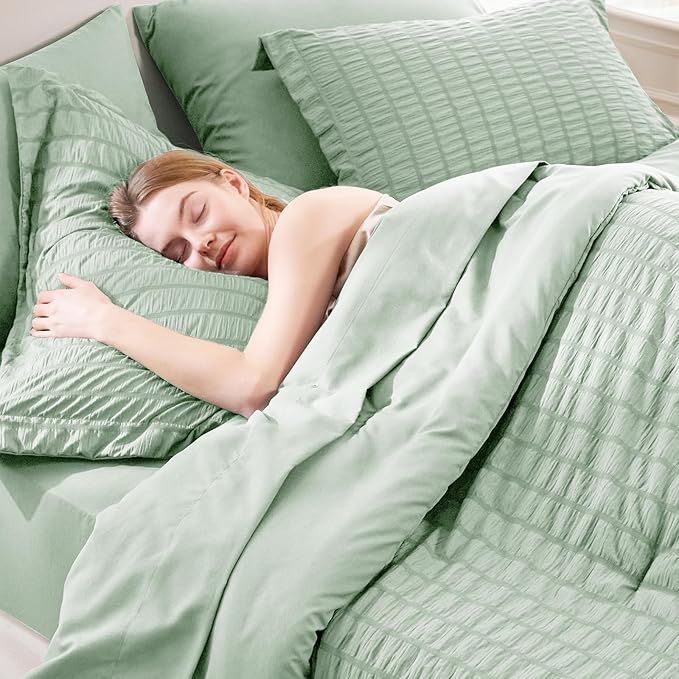 CozyLux Queen Comforter Set Sage Green Seersucker 7 Pieces Bed in a Bag Queen - Image 7