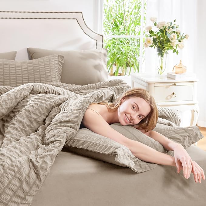 CozyLux Queen Comforter Set Khaki Seersucker 7 Pieces Bed in a Bag Queen - Image 7