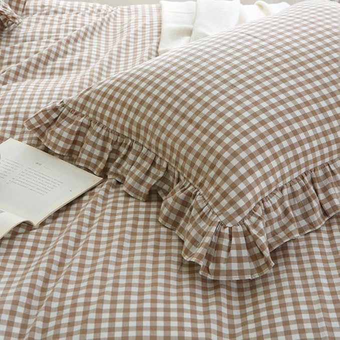 Silnuo Taupe/White Plaid Ruffle Duvet Cover King Size, 100% Washed Cotton 3 Pcs - Image 7