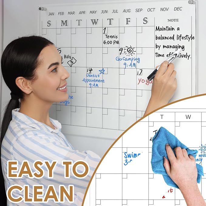 MAKELLO Acrylic Calendar for Wall 24" x 18", Clear Dry Erase Calendar for Office, School, Home, Bedroom, 4 Pens, Pen Holder, Wall-Mount Screws