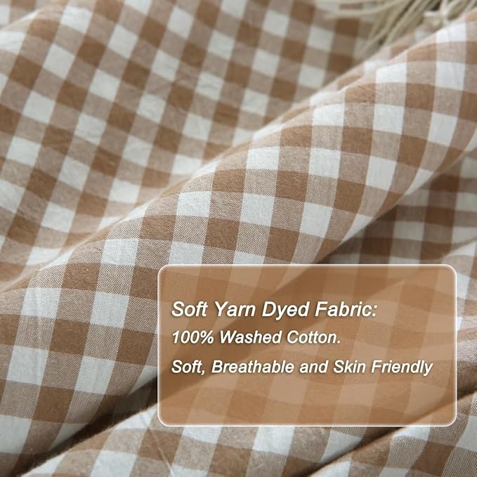 Silnuo Taupe/White Plaid Ruffle Duvet Cover King Size, 100% Washed Cotton 3 Pcs - Image 6