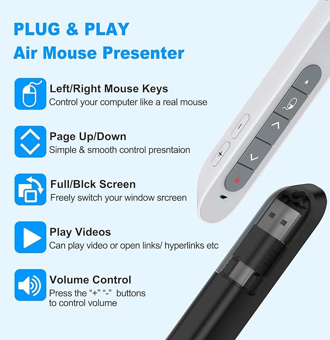 DINOSTRIKE White Presentation Clicker with Air Mouse Control, USB Type C Wireless Presenter Remote Clicker for Powerpoints Slide RF 2.4GZ Slide Advancer for Computer Laptop Mac