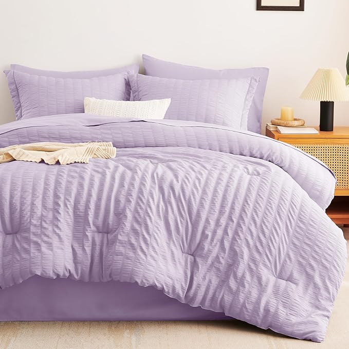 CozyLux Queen Comforter Set Light Purple Seersucker 7 Pieces Bed in a Bag Queen - Image 3