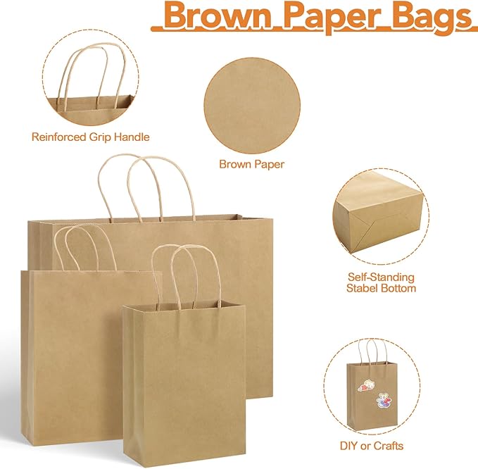 woric 120 PCS Brown Paper Bags with Handles, Large Gift Bags 4 Assorted Sizes Bulk Paper Bags for Small Business Retails Shopping