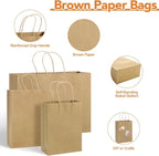 woric 120 PCS Brown Paper Bags with Handles, Large Gift Bags 4 Assorted Sizes Bulk Paper Bags for Small Business Retails Shopping