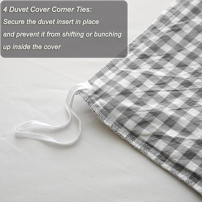 Silnuo Grey/White Checkered Ruffle 3-Piece Duvet Cover Set Queen Size, Washed - Image 7