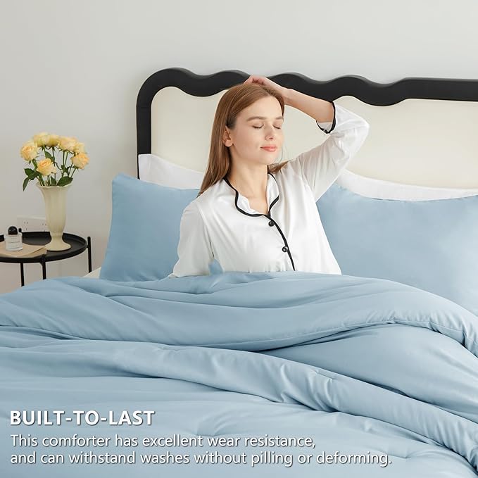 CozyLux Queen Comforter Set Light Blue, 3 Pieces Solid Comforters Queen Size - Image 3