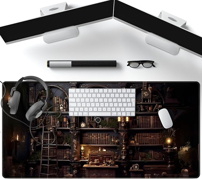 Black Vintage Gothic Desk Mat Black Dark Academia Desk Pad Medieval Bookshelf Large Flower Mouse Pad XXL Plant Mousepad Extended Laptop Computer Keyboard Mat Office Desk Decor 31.5x15.8 in
