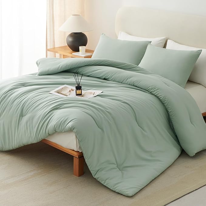 CozyLux Sage Green Queen Comforter Set, 3 Pieces Solid Breathable Quilted by CozyLux