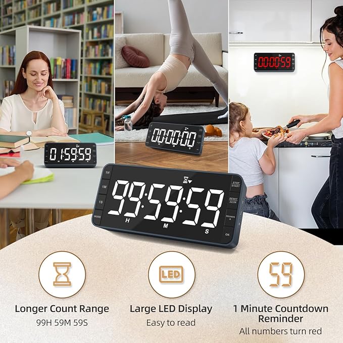 7.8'' Extra Large Rechargeable LED Kitchen Timer - 99H Countdown/Countup, 3 Brightness, 5 Alarms, 4 Volume Levels | Magnetic Large Timer for Cooking, Classroom, Home Gym