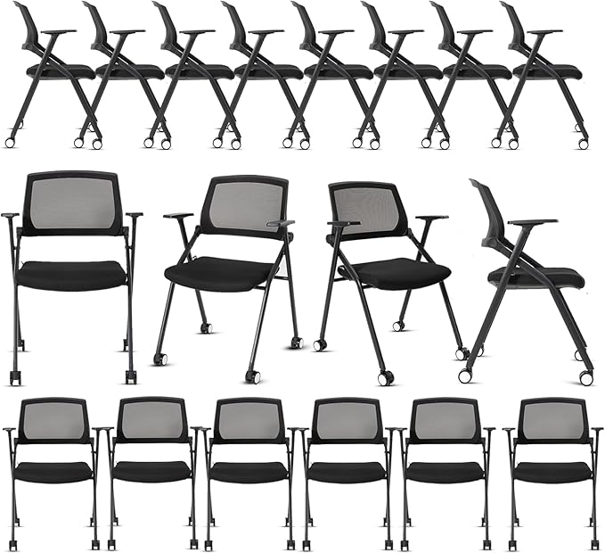 VACYOVKE 10 Pack Conference Room Chairs with Wheels and Sliding Armrest,Foldable Nesting Chair for Office School Church Waiting Room Black