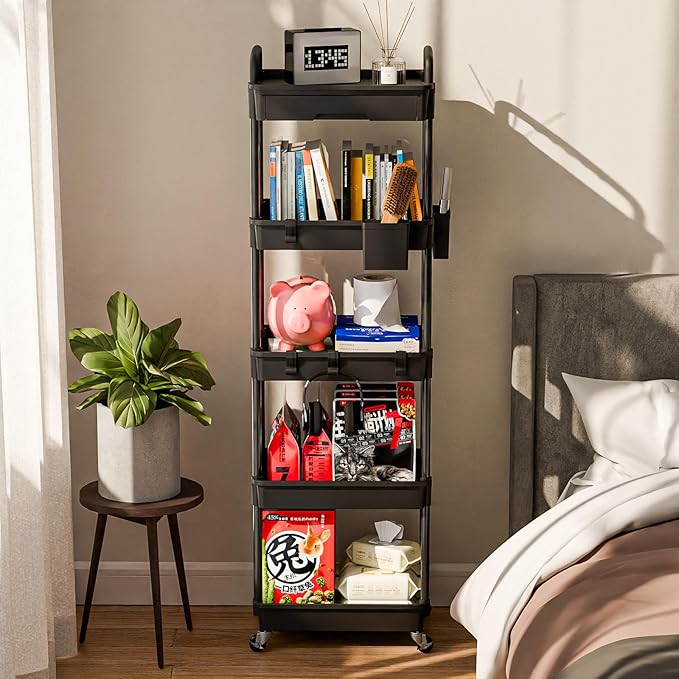 Sorgion 5 Tier Rolling Cart Organizer,Bathroom Cart Organizers with Wheels Laundry Room Organization Mobile Shelving Unit Utility Cart Storage Shelves Multi-Functional for Office, Home(Black)