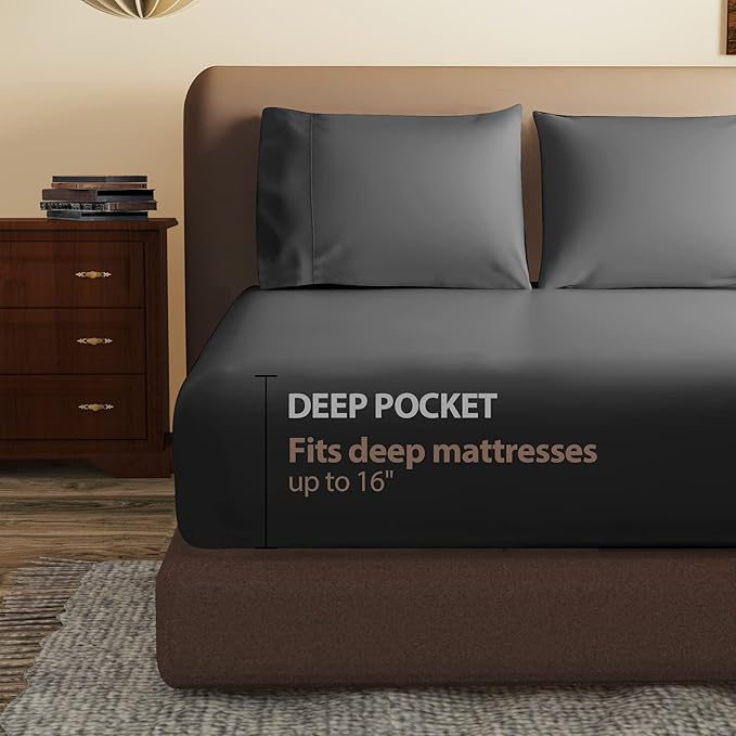 100% Egyptian Cotton Fitted Sheet Twin XL/Split King Size Black, 600 Thread - Image 5