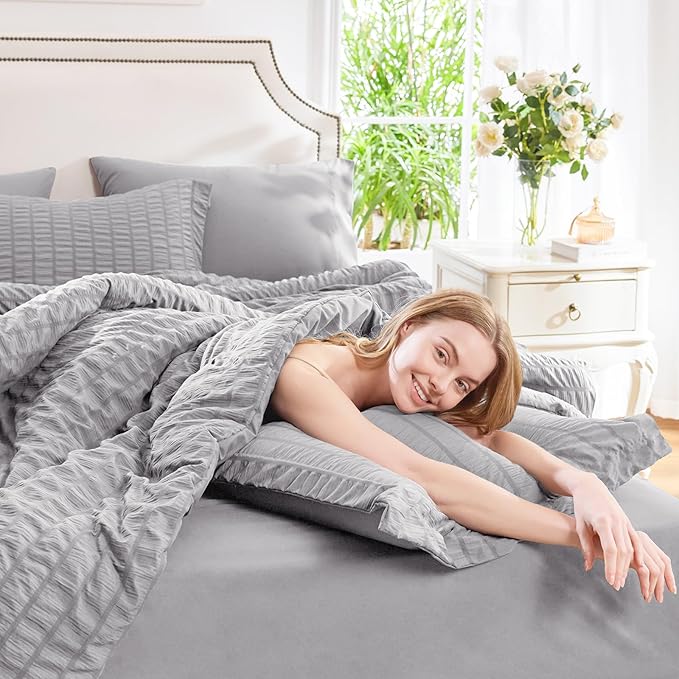 CozyLux Queen Comforter Set Grey Seersucker 7 Pieces Bed in a Bag Queen - Image 7