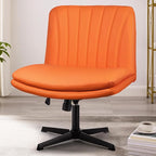 PUKAMI Criss Cross Legged Office Chair,Armless Office Desk Chair No Wheels,PU Leather Modern Swivel Vanity Chair,Height Adjustable Wide Seat Mid Back Computer Task Chair for Home Office