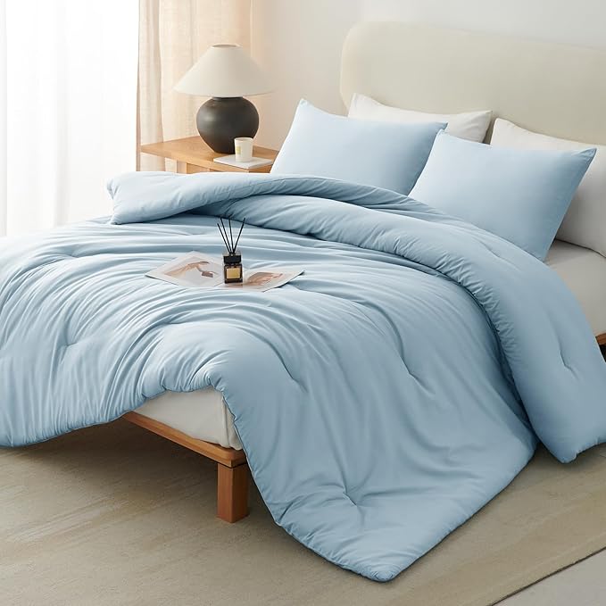CozyLux Queen Comforter Set Light Blue, 3 Pieces Solid Comforters Queen Size by CozyLux