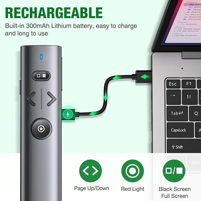 Wireless Presentation Clicker with Green Laser Pointer, Volume Control USB Type C Slide Presenter Remote for Keynote/PPT/Mac/PC/Laptop Office