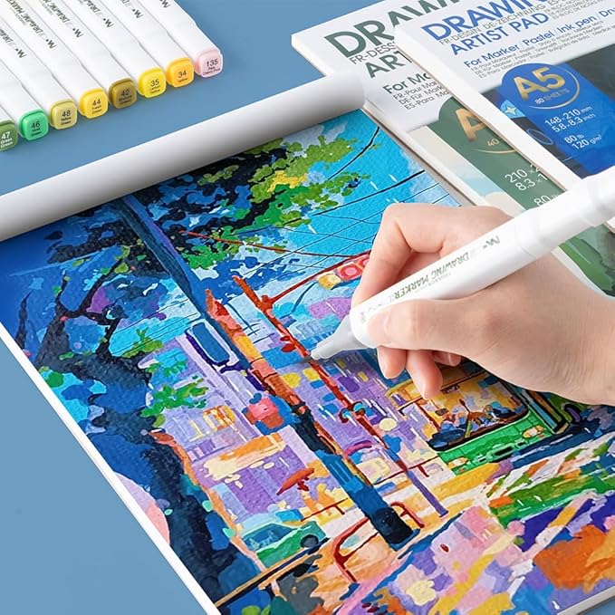 TRANSON Artist Mix Media Sketchbook Marker Pad, 5.8”x8.3” 80 Sheets A5 Art Papers, 80lb/120gsm for Painting, Drawing and Sketching