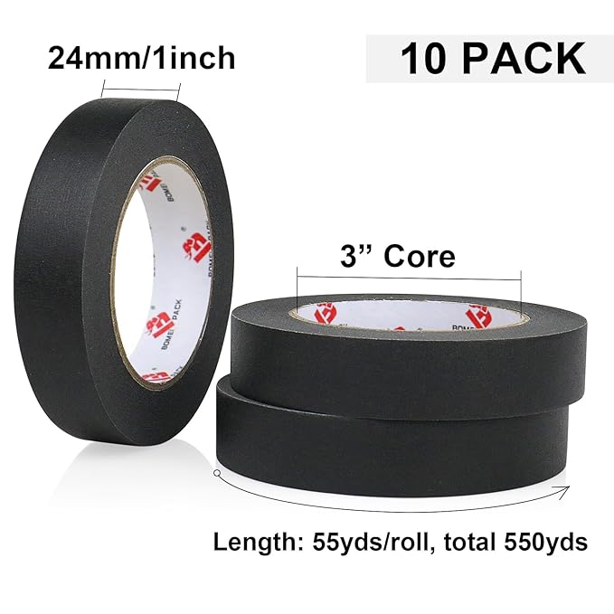 BOMEI PACK Black Painters Tape 1 Inch Bulk - Paint Tape 10 Rolls x 1 Inch x 55 Yards - Painter's Tape Black Masking Tape for Walls Painting, DIY Crafting, and School Projects, Total 550 Yards