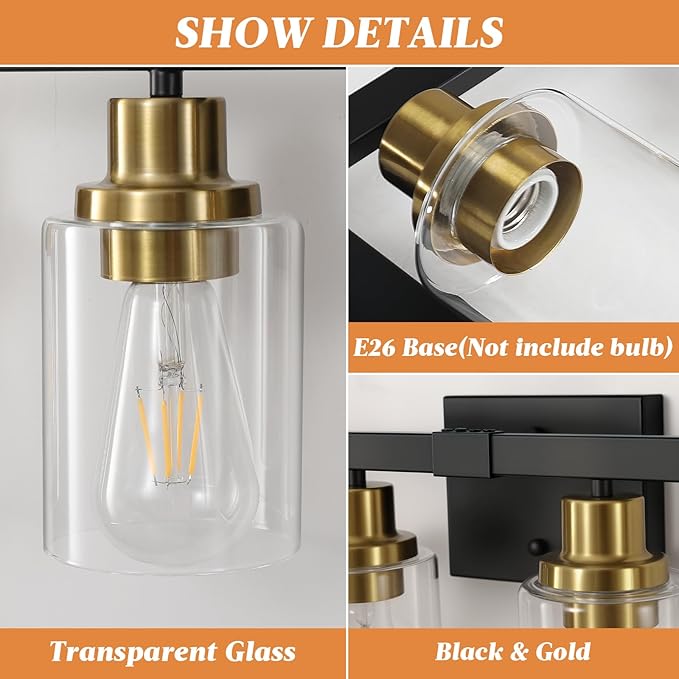 Bathroom Vanity Light, 4-Light Black and Gold Bathroom Light Fixtures - Image 4