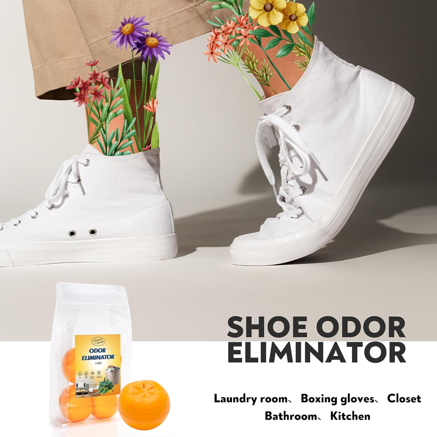 4 Pack Baking Soda Deodorizers, Shoe Deodorizer Balls, Air Freshener for Home, Odor Eliminator for Closets Bathroom Pets, Up to 80 Days