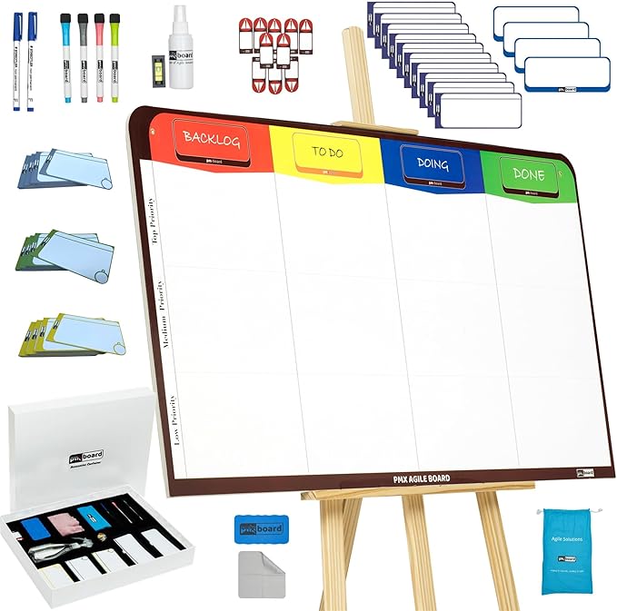 pmxboard Full Magnetic Agile Board Kit. Kanban Board, Scrum Board, Dry Erase Project Management Toolset. Includes Scrum Cards and kanban Cards Set. Project Planning Board for Agile Project Management