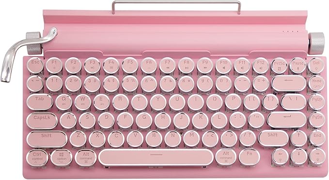 Adventurers Typewriter-Style Retro Mechanical Keyboard LED Backlight 83 Keys Bluetooth 5.0 Blue Axis Pink Color Panel Compatible with iOS/Android/Windows/Vista/Linux/Mac Office/Gaming, 12.3x6.6x1.6in