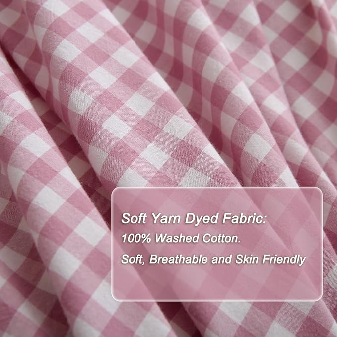 Silnuo Vintage Pink/White Plaid Ruffle 3-Piece Duvet Cover Set Full Size - Image 5